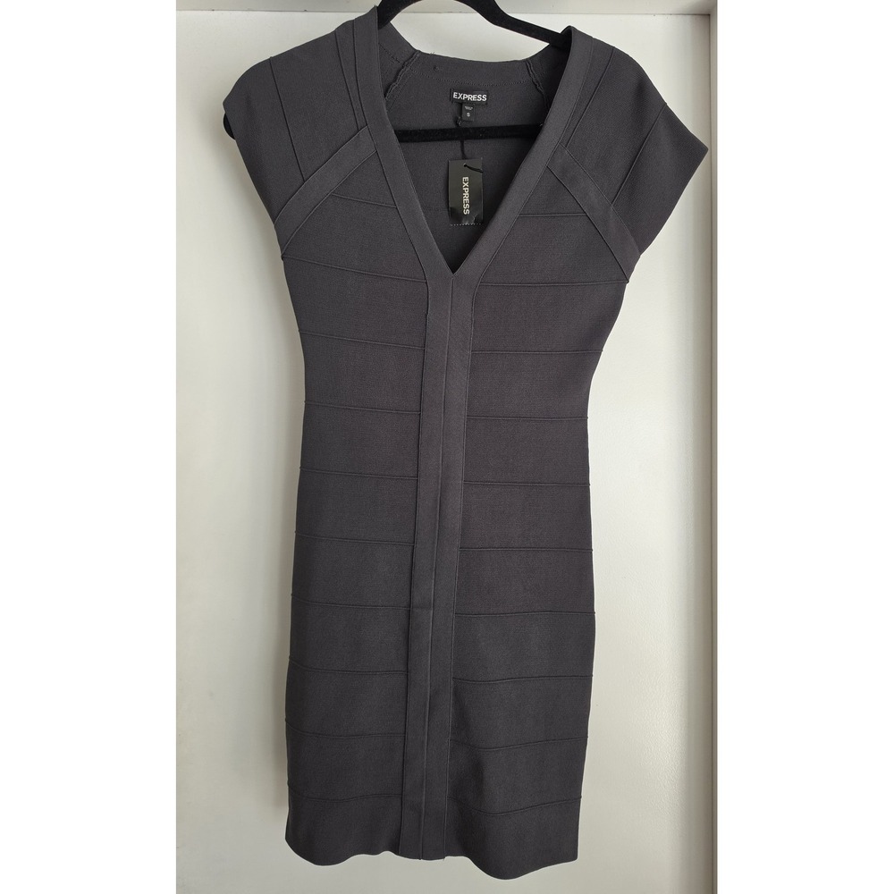 Express Midi Dress Women S Formal Grey Short Sleeve V-Neck Solid Bodycon NWT
